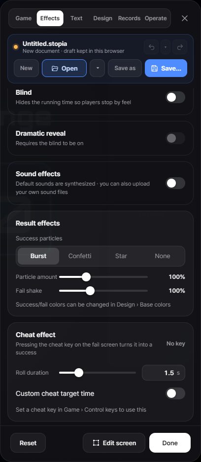 The Effects tab of the settings panel