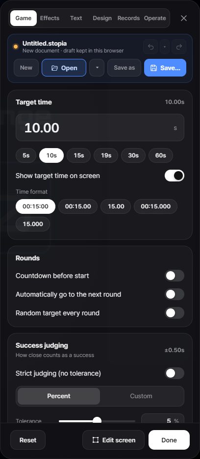 The Game tab of the settings panel