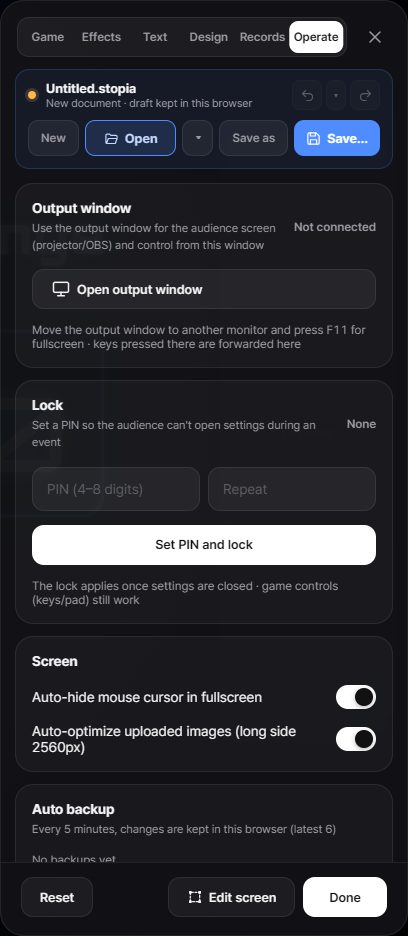 The Operate tab of the settings panel