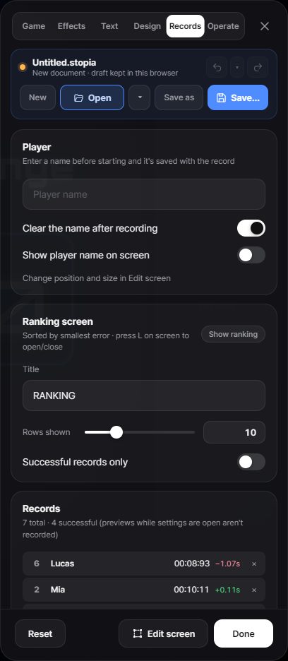 The Records tab of the settings panel
